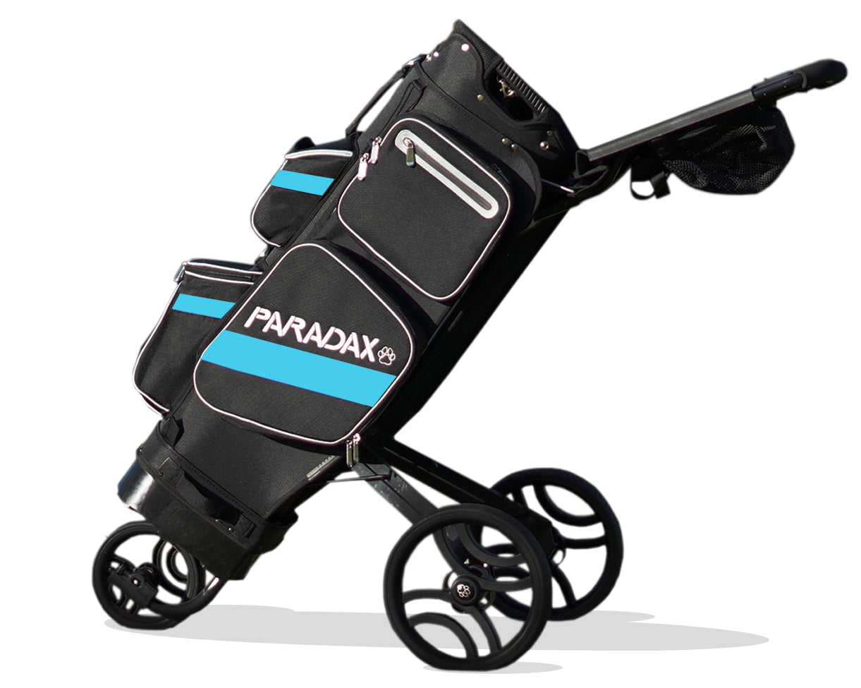 Paradax AI-1 All-In-One Golf Bag with Built-in 3-Wheel Push Cart - Black LightBlue