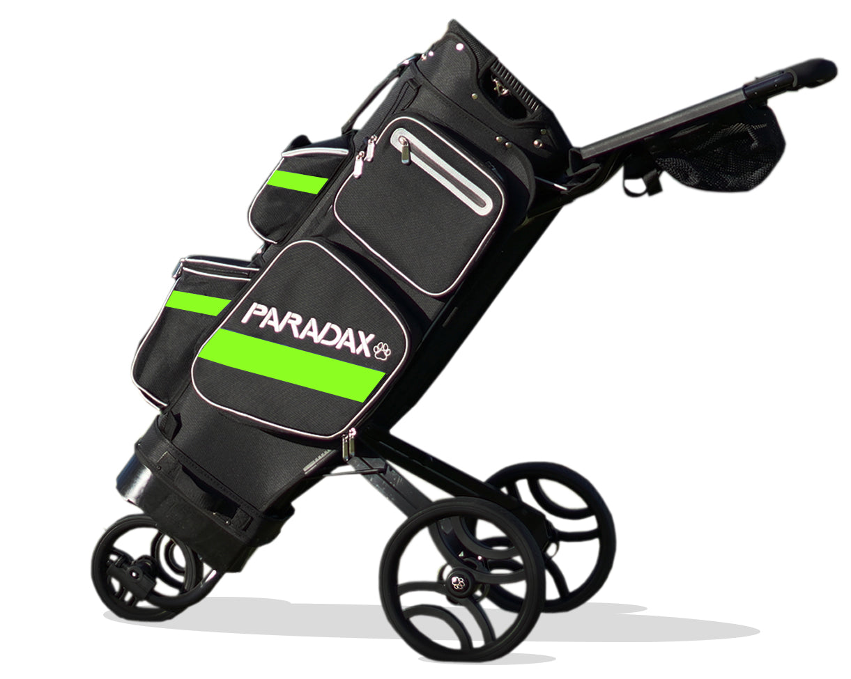 Paradax AI-1 All-In-One Golf Bag with Built-in 3-Wheel Push Cart - Black LightGreen