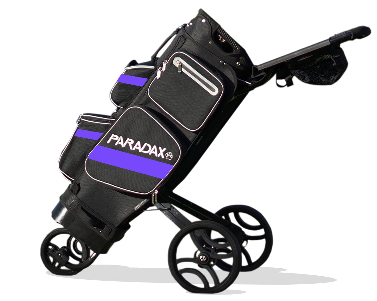 Paradax AI-1 All-In-One Golf Bag with Built-in 3-Wheel Push Cart - Black Purple