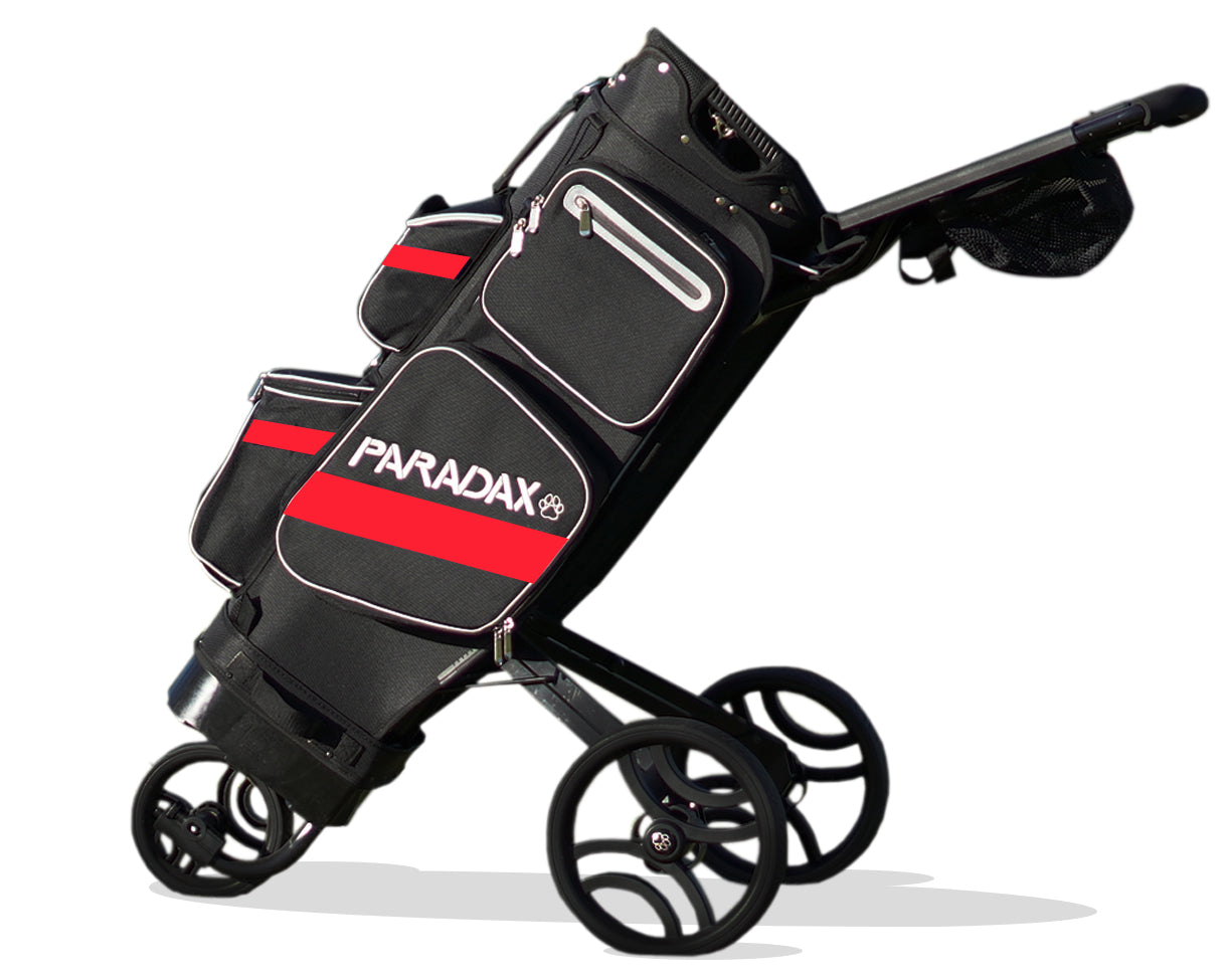 Paradax AI-1 All-In-One Golf Bag with Built-in 3-Wheel Push Cart - Black Red