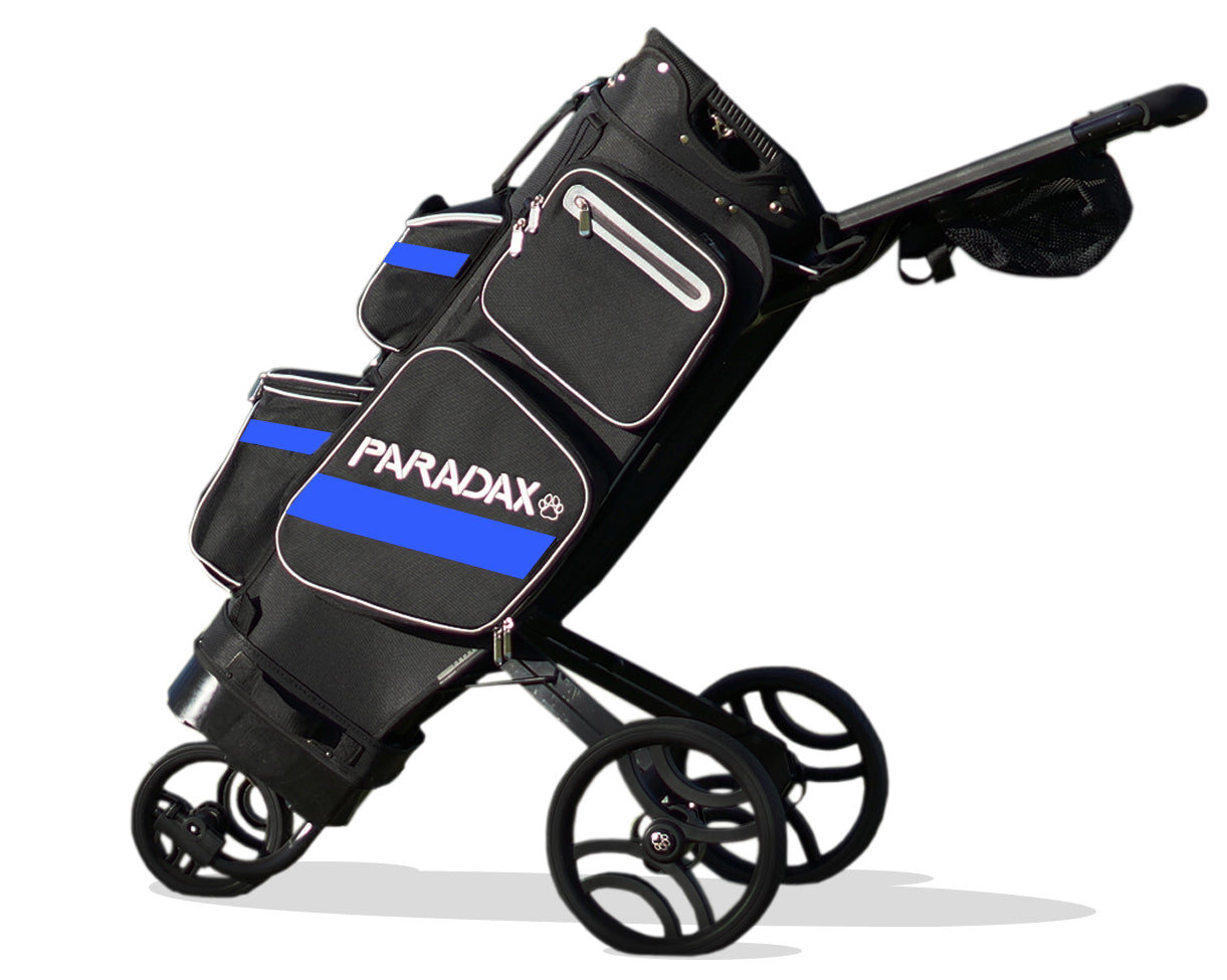 Paradax AI-1 All-In-One Golf Bag with Built-in 3-Wheel Push Cart - Black RoyalBlue