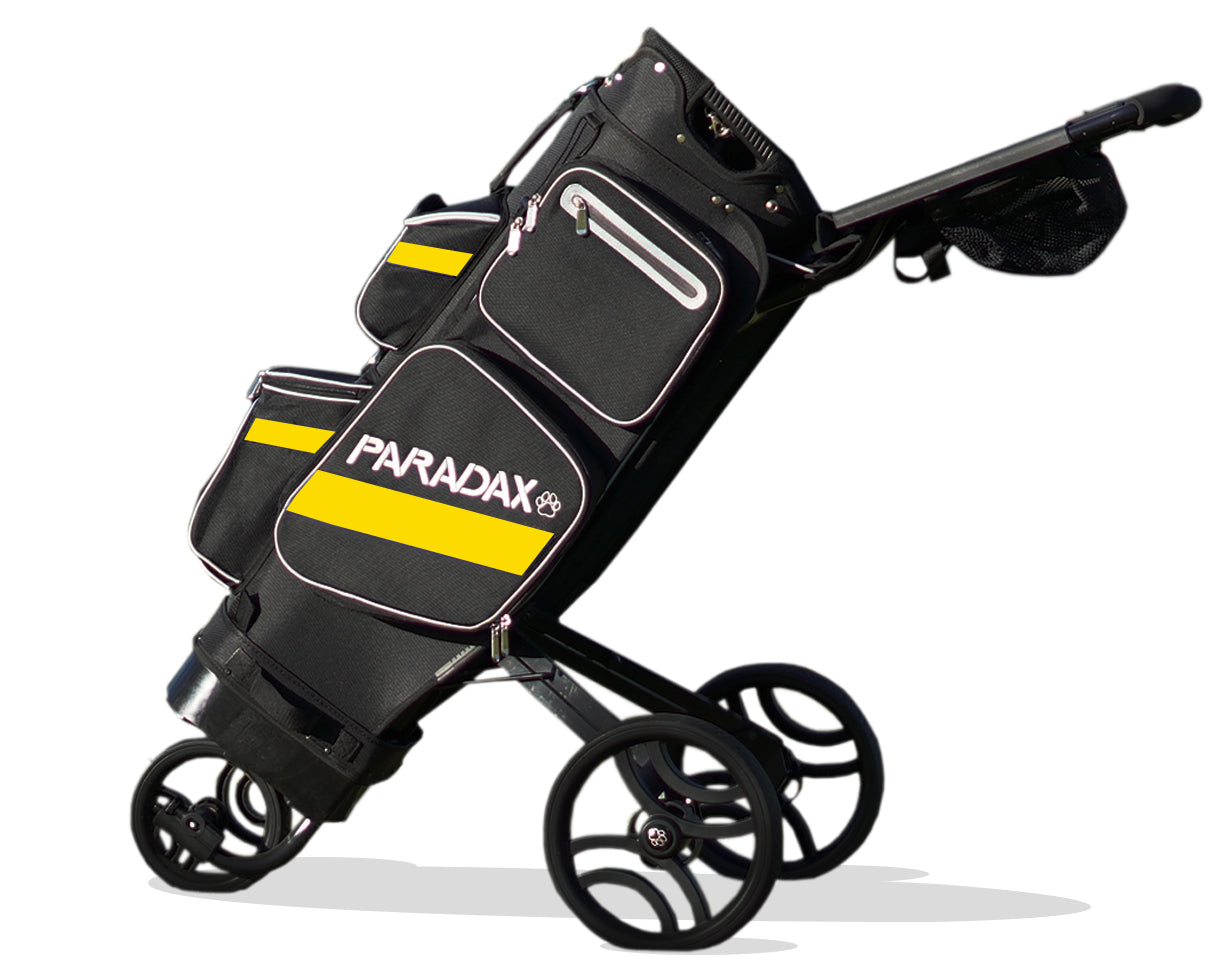 Paradax AI-1 All-In-One Golf Bag with Built-in 3-Wheel Push Cart - Black Yellow