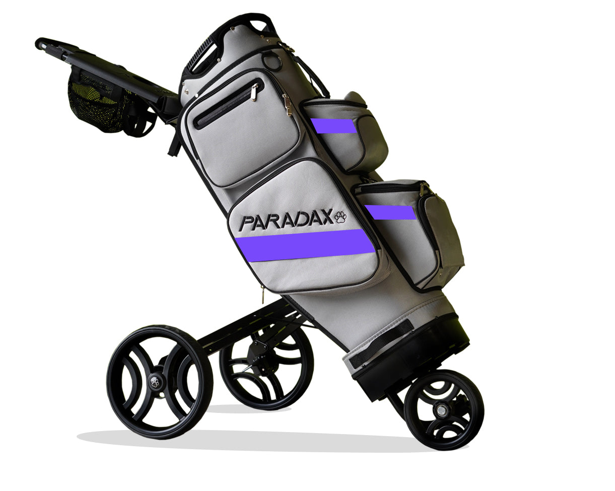 Paradax AI-1 All-In-One Golf Bag with Built-in 3-Wheel Push Cart - Gray Purple
