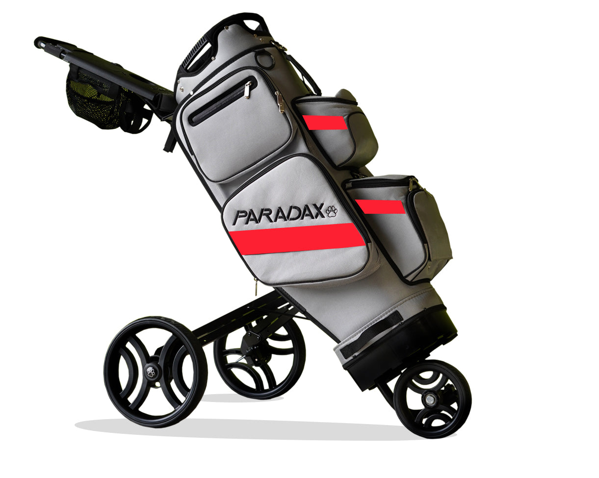 Paradax AI-1 All-In-One Golf Bag with Built-in 3-Wheel Push Cart - Gray Red